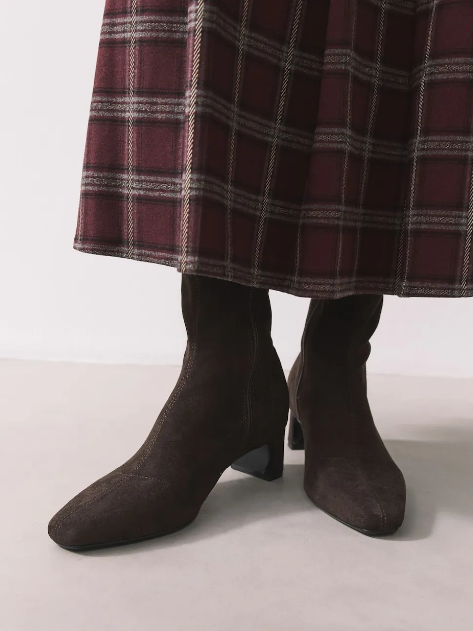Chocolate Brown Standard/Wide Fit Chisel Toe Block Heel Sock Boots