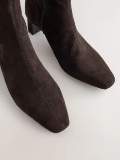 Chocolate Brown Standard/Wide Fit Chisel Toe Block Heel Sock Boots