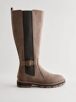 Chocolate Brown Standard/Wide Fit Knee High Buckle Chelsea Boots