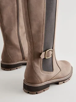 Chocolate Brown Standard/Wide Fit Knee High Buckle Chelsea Boots