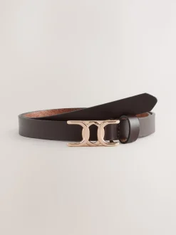 Chocolate Brown Statement Buckle Skinny Leather Belt