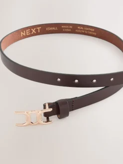 Chocolate Brown Statement Buckle Skinny Leather Belt