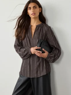 Chocolate Brown Stripe Long Sleeve V-Neck Blouse