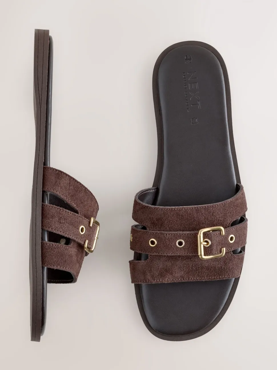Chocolate Brown Suede Buckle Mule Sandals