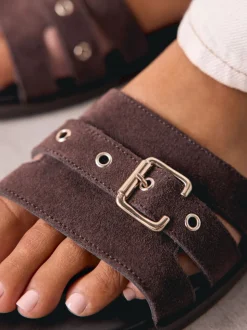 Chocolate Brown Suede Buckle Mule Sandals