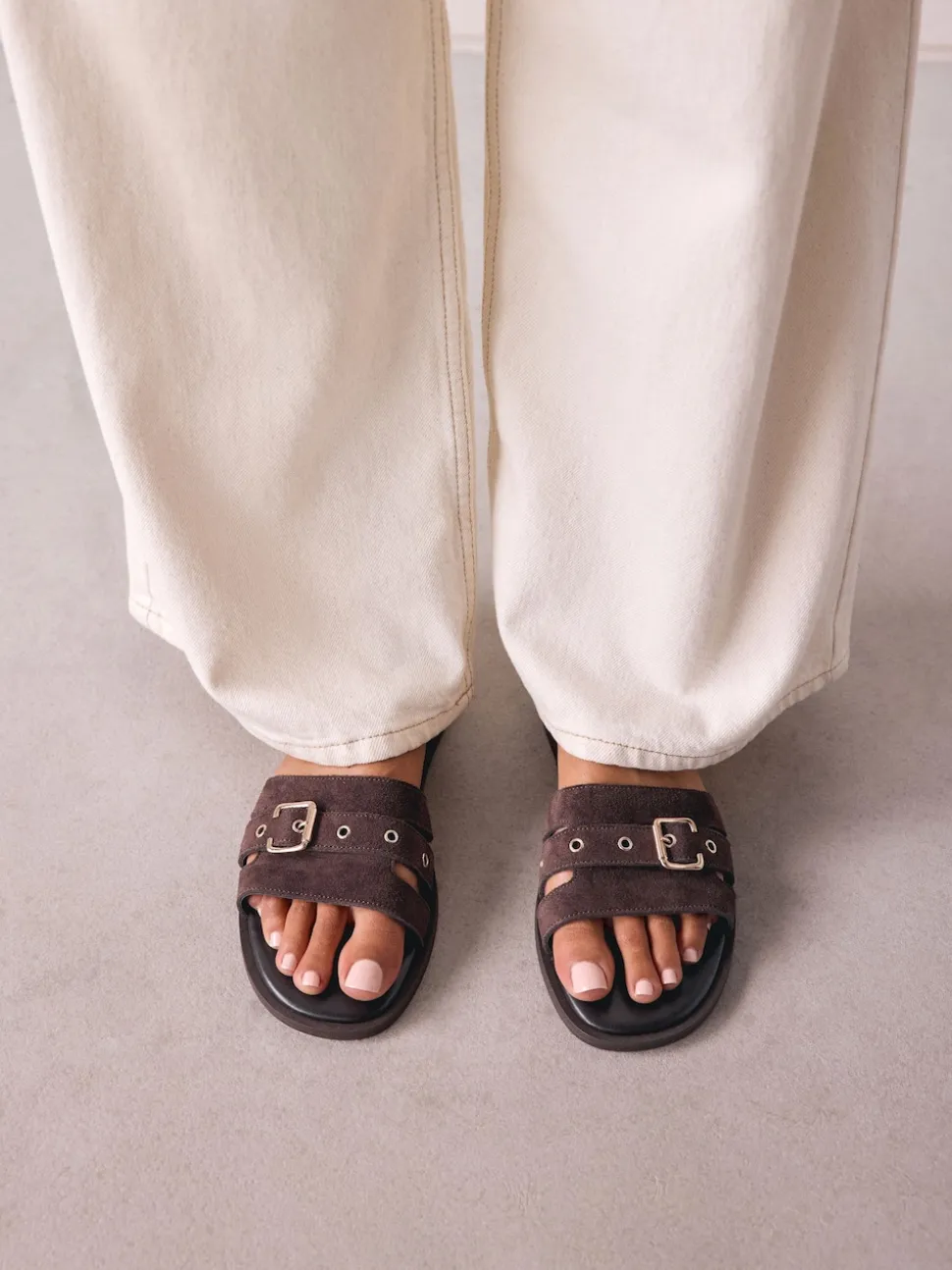 Chocolate Brown Suede Buckle Mule Sandals
