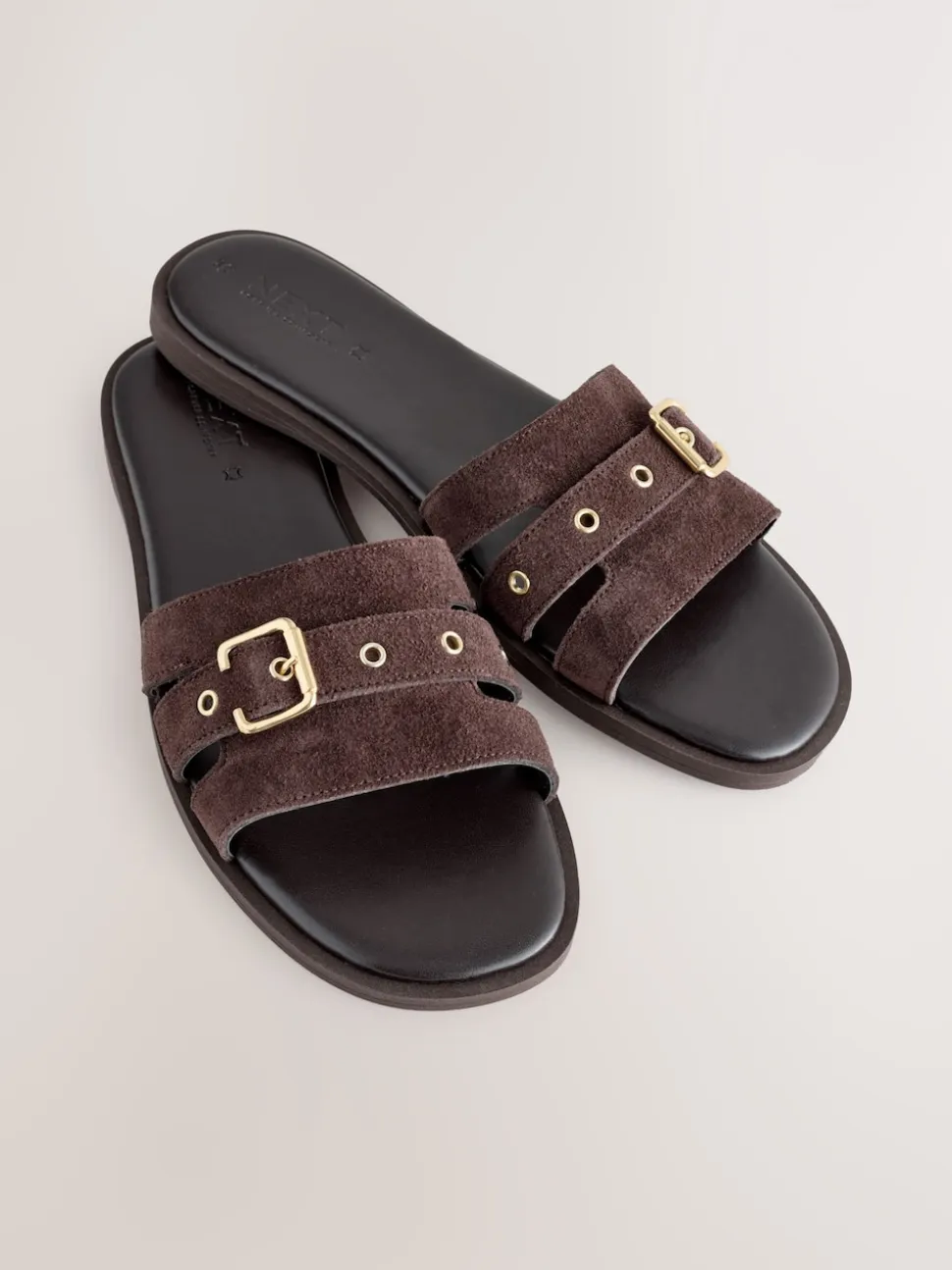 Chocolate Brown Suede Buckle Mule Sandals