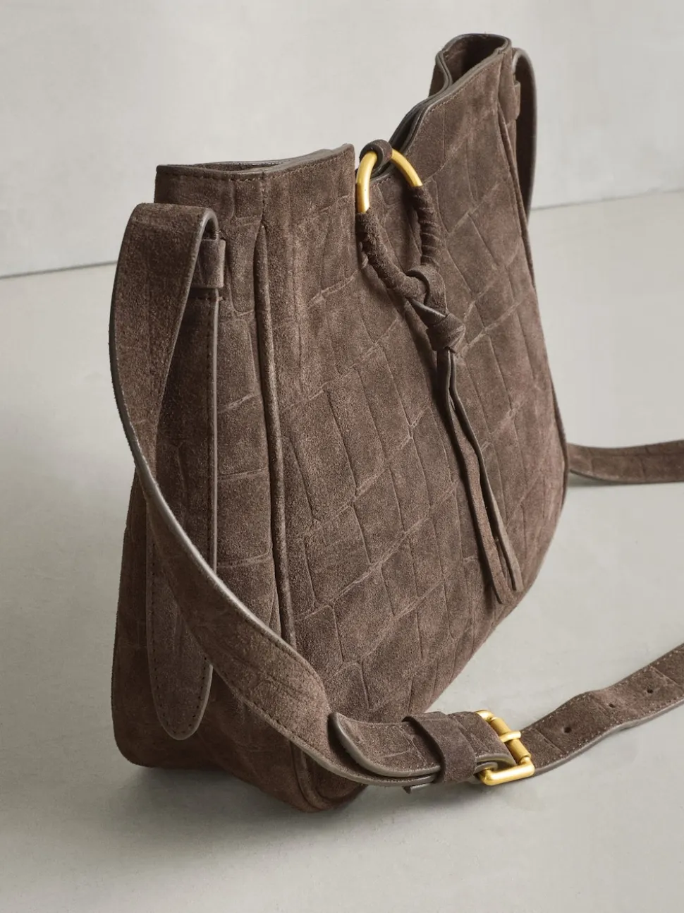 Chocolate Brown Suede Croc Messenger Cross-Body Bag