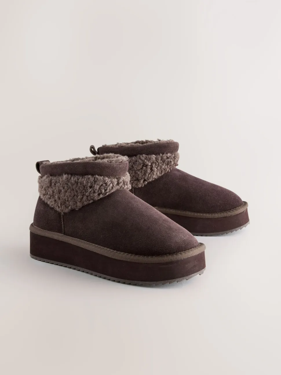 Chocolate Brown Suede Faux Fur Borg Platform Boots