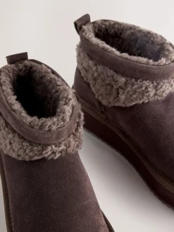 Chocolate Brown Suede Faux Fur Borg Platform Boots