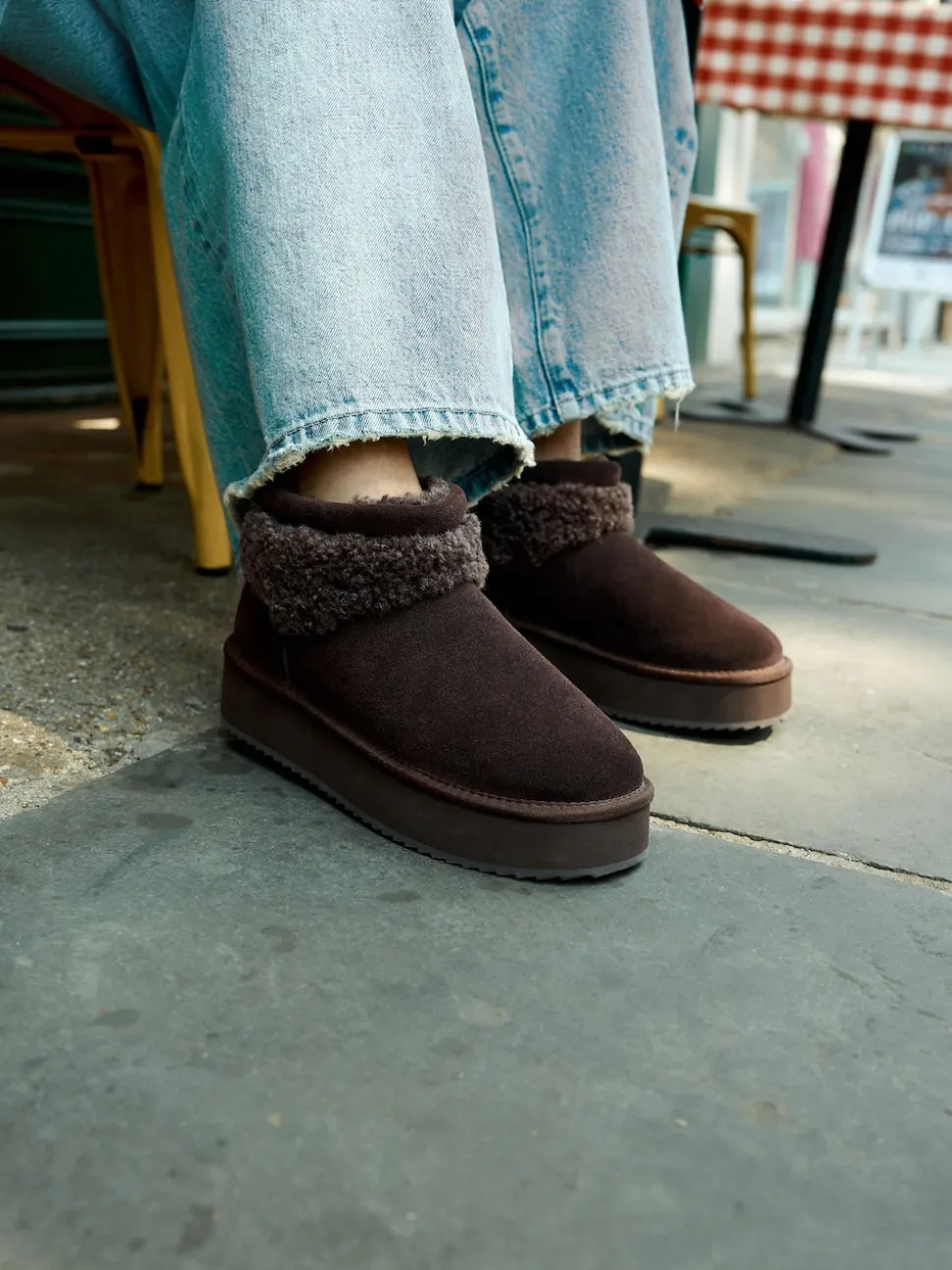Chocolate Brown Suede Faux Fur Borg Platform Boots