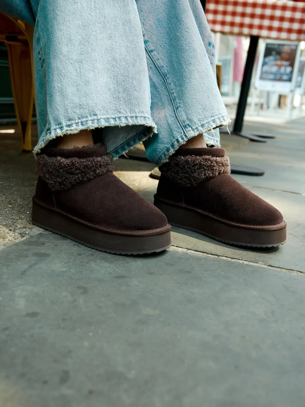 Chocolate Brown Suede Faux Fur Borg Platform Boots