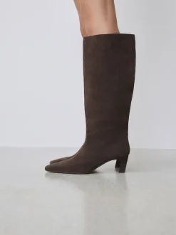 Chocolate Brown Suede Forever Comfort® Knee High Chisel Toe Heeled Boots