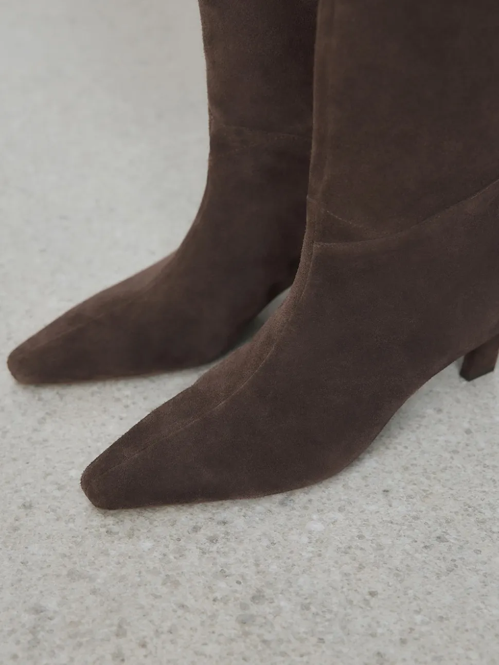Chocolate Brown Suede Forever Comfort® Knee High Chisel Toe Heeled Boots