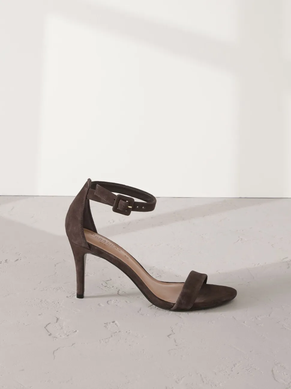 Chocolate Brown Suede Signature Premium Leather Round Toe Buckle Detail Mid Simple Sandals