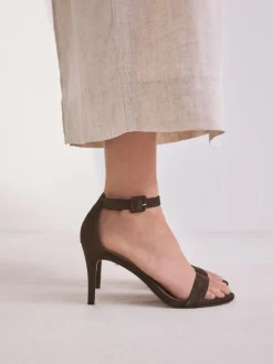 Chocolate Brown Suede Signature Premium Leather Round Toe Buckle Detail Mid Simple Sandals