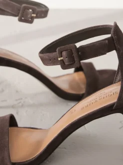 Chocolate Brown Suede Signature Premium Leather Round Toe Buckle Detail Mid Simple Sandals