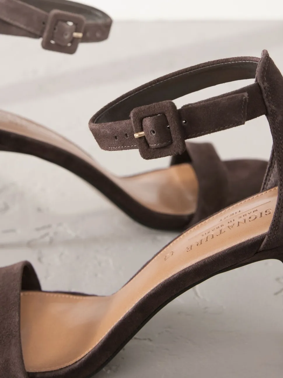 Chocolate Brown Suede Signature Premium Leather Round Toe Buckle Detail Mid Simple Sandals