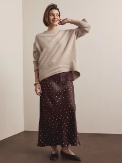 Chocolate Brown/Cream Polka Dot Satin Midi Skirt