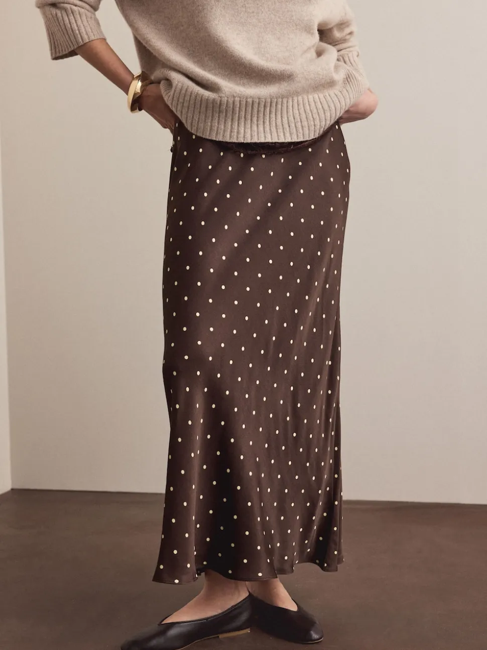 Chocolate Brown/Cream Polka Dot Satin Midi Skirt