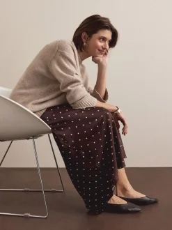 Chocolate Brown/Cream Polka Dot Satin Midi Skirt