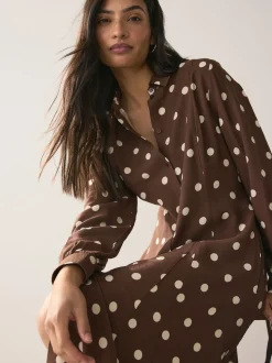 Chocolate Brown/Ecru Polka Dot Printed Long Sleeve Shirt Dress