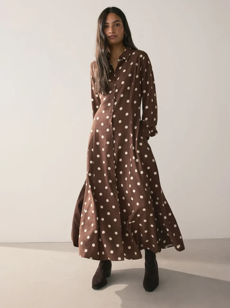 Chocolate Brown/Ecru Polka Dot Printed Long Sleeve Shirt Dress
