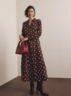 Chocolate Brown/Ecru Polka Dot Long Sleeve Midi Shirt Dress