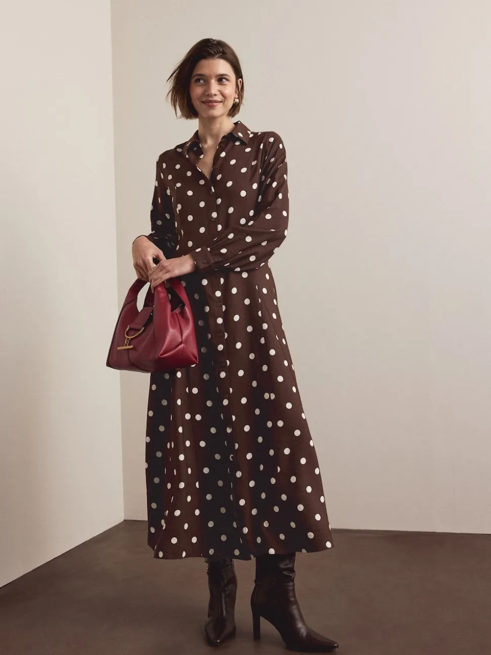Chocolate Brown/Ecru Polka Dot Long Sleeve Midi Shirt Dress