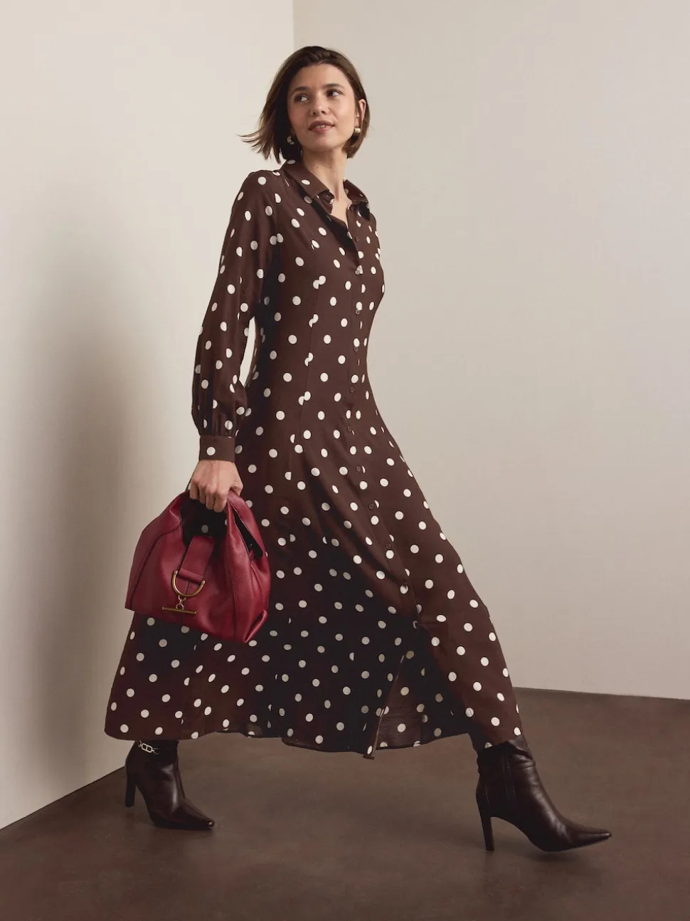 Chocolate Brown/Ecru Polka Dot Long Sleeve Midi Shirt Dress