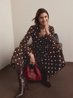 Chocolate Brown/Ecru Polka Dot Long Sleeve Midi Shirt Dress