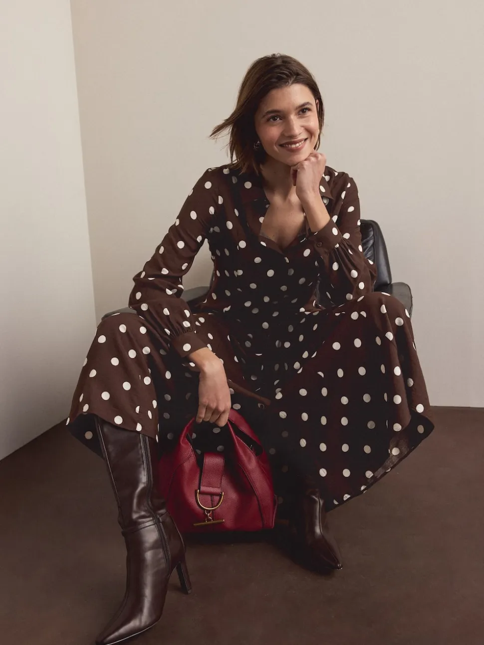 Chocolate Brown/Ecru Polka Dot Long Sleeve Midi Shirt Dress