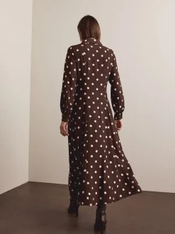 Chocolate Brown/Ecru Polka Dot Long Sleeve Midi Shirt Dress