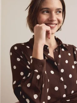 Chocolate Brown/Ecru Polka Dot Long Sleeve Midi Shirt Dress