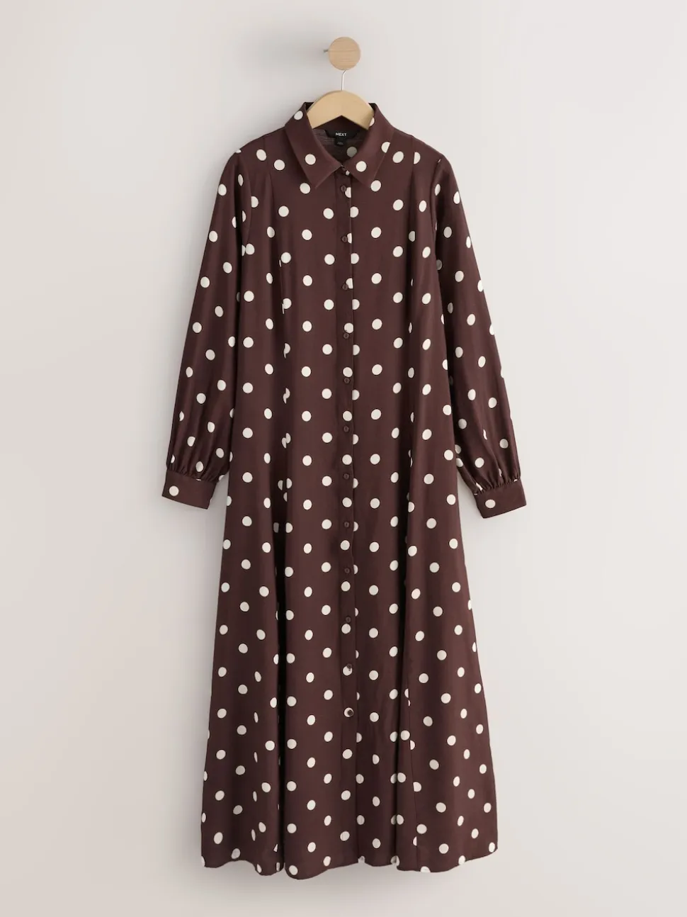 Chocolate Brown/Ecru Polka Dot Long Sleeve Midi Shirt Dress