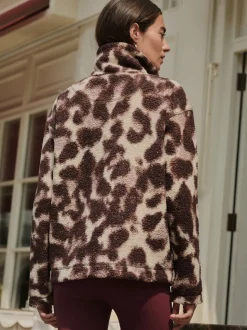 Chocolate Brown/Pink Leopard Soft Touch Cosy Teddy Borg Quarter Zip Fleece