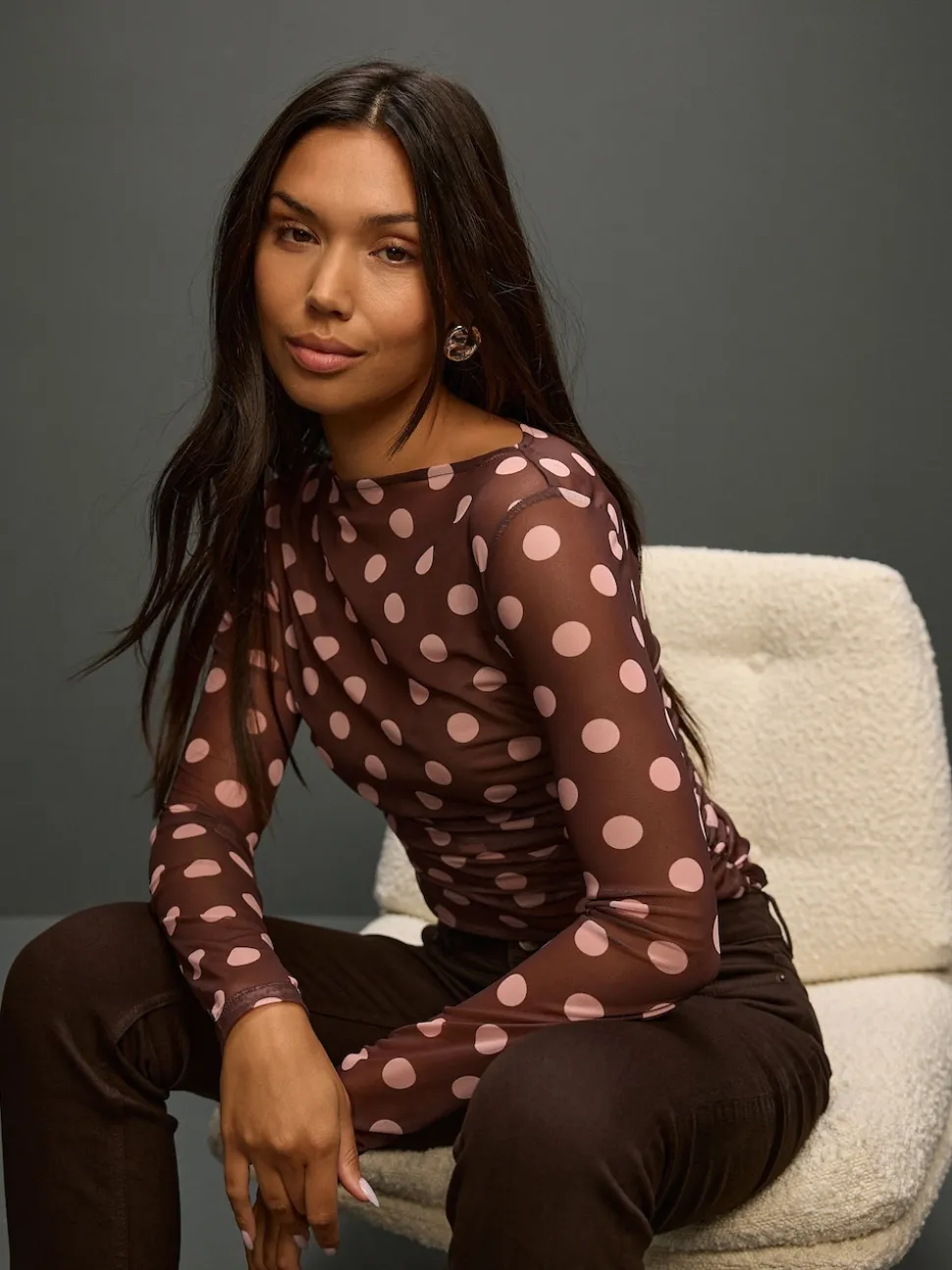 Chocolate Brown/Pink Polka Dot Long Sleeve Ruched Side Mesh Top