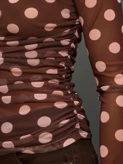Chocolate Brown/Pink Polka Dot Long Sleeve Ruched Side Mesh Top