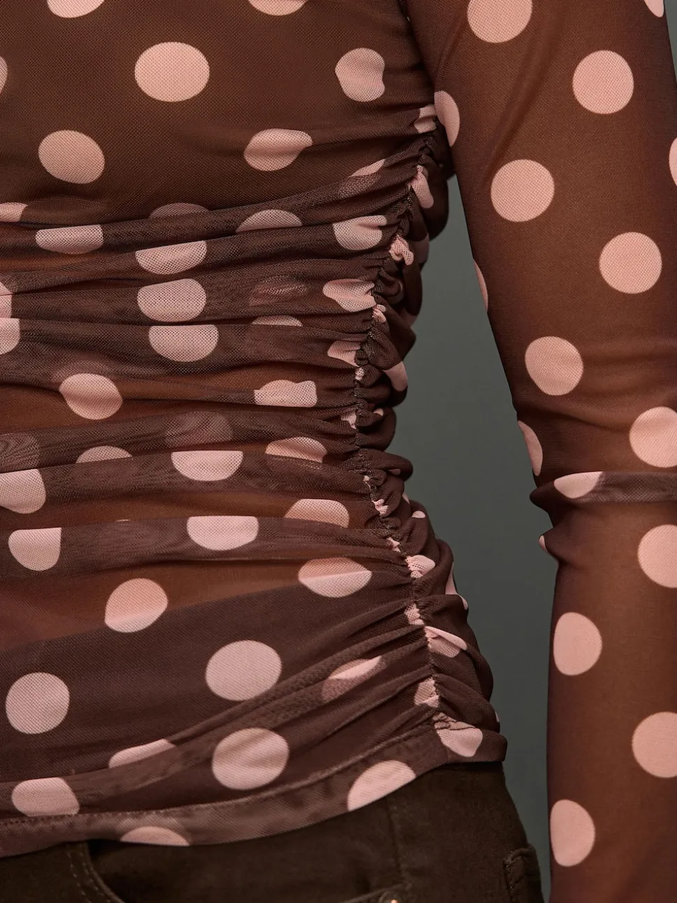 Chocolate Brown/Pink Polka Dot Long Sleeve Ruched Side Mesh Top