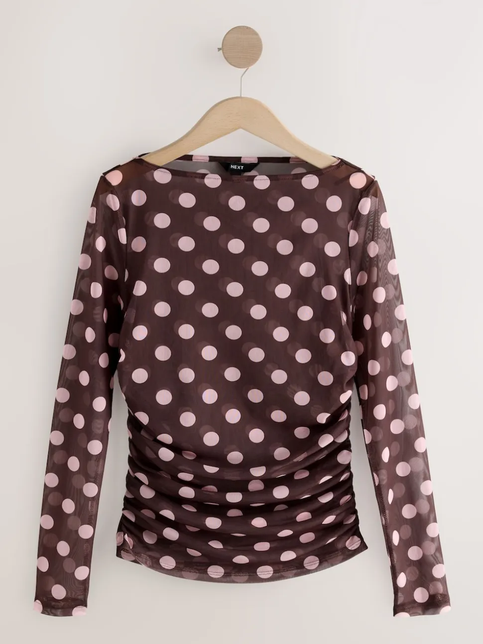 Chocolate Brown/Pink Polka Dot Long Sleeve Ruched Side Mesh Top