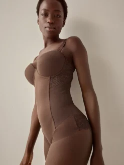 Chocolate Nude DD+ Firm Tummy Control Lightly Padded Lace Body