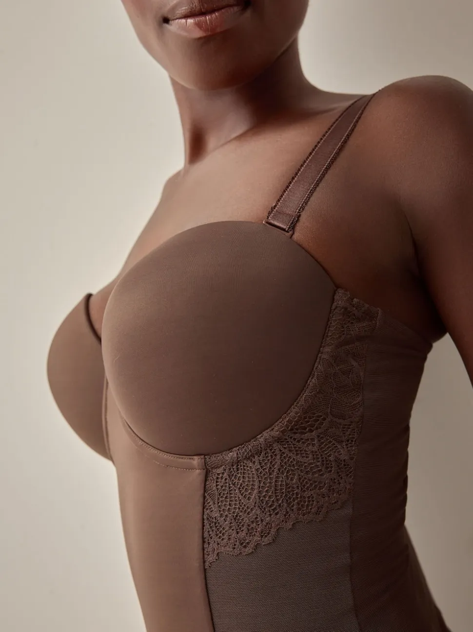 Chocolate Nude DD+ Firm Tummy Control Lightly Padded Lace Body