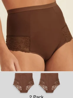 Chocolate Nude Print Tummy Control Shaping Lace Back Brazilian Knickers 2 Pack