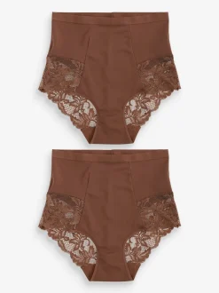 Chocolate Nude Print Tummy Control Shaping Lace Back Brazilian Knickers 2 Pack