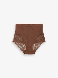 Chocolate Nude Print Tummy Control Shaping Lace Back Brazilian Knickers 2 Pack