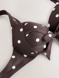 Chocolate/Cream Polka Dot Bow Front Padded Wired Bikini Top