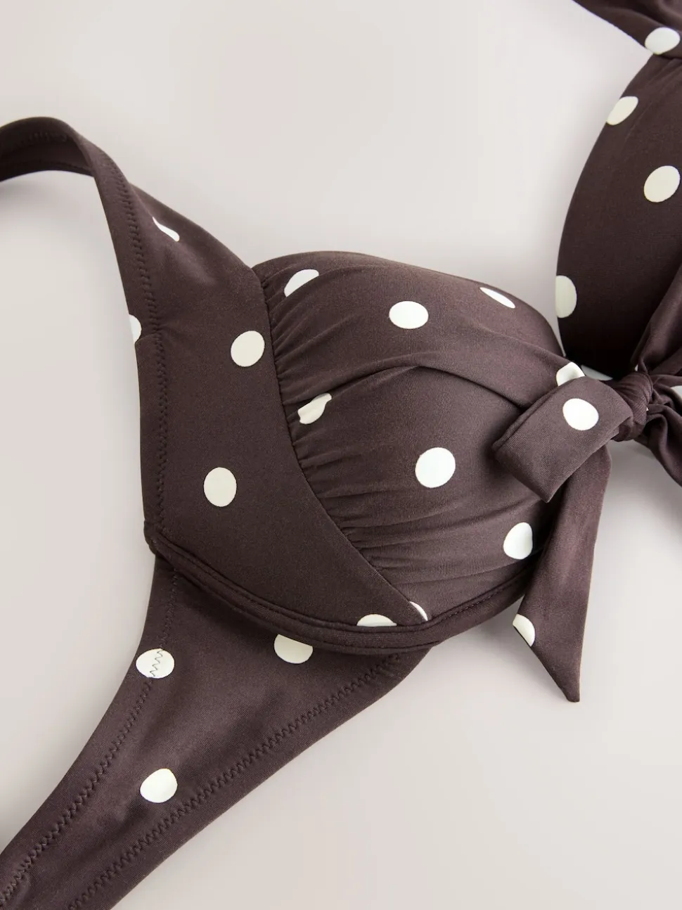 Chocolate/Cream Polka Dot Bow Front Padded Wired Bikini Top