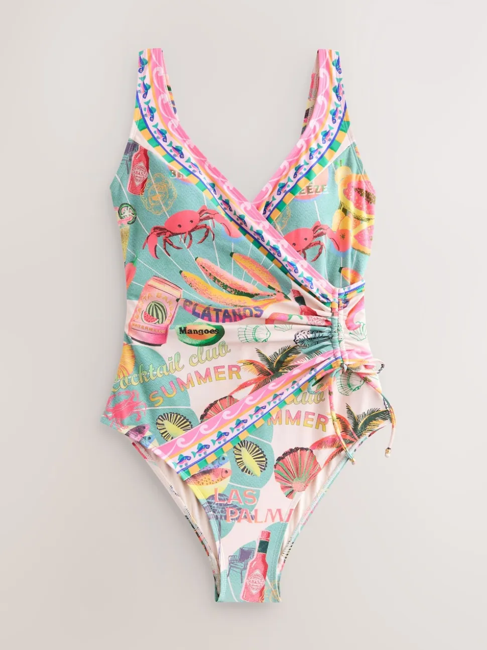 Conversational Print Ruched Side Tummy Shaping Control Swimsuit