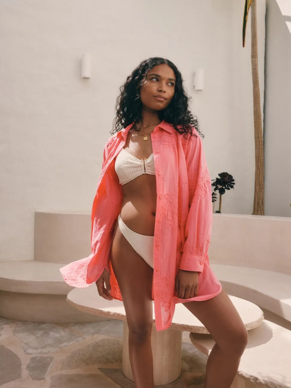 Coral Pink Textured Cornelli Cover-Up Shirt