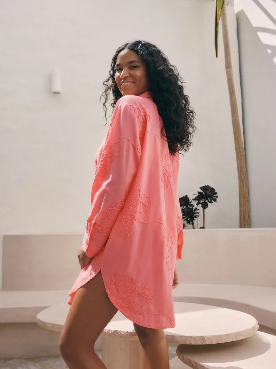 Coral Pink Textured Cornelli Cover-Up Shirt